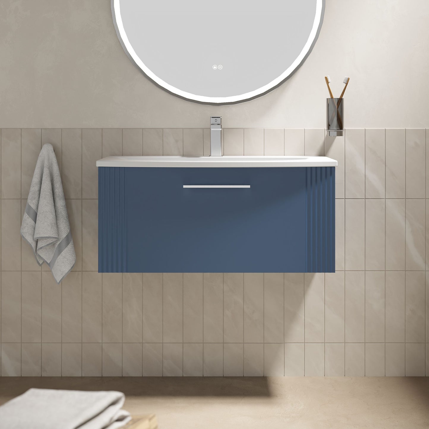 [BFPF396G] Partial Fluted 1 Drawer Wall Hung Vanity Unit with 1 Tap Hole Curved Basin- 800mm - Satin Blue - Lifestyle 1