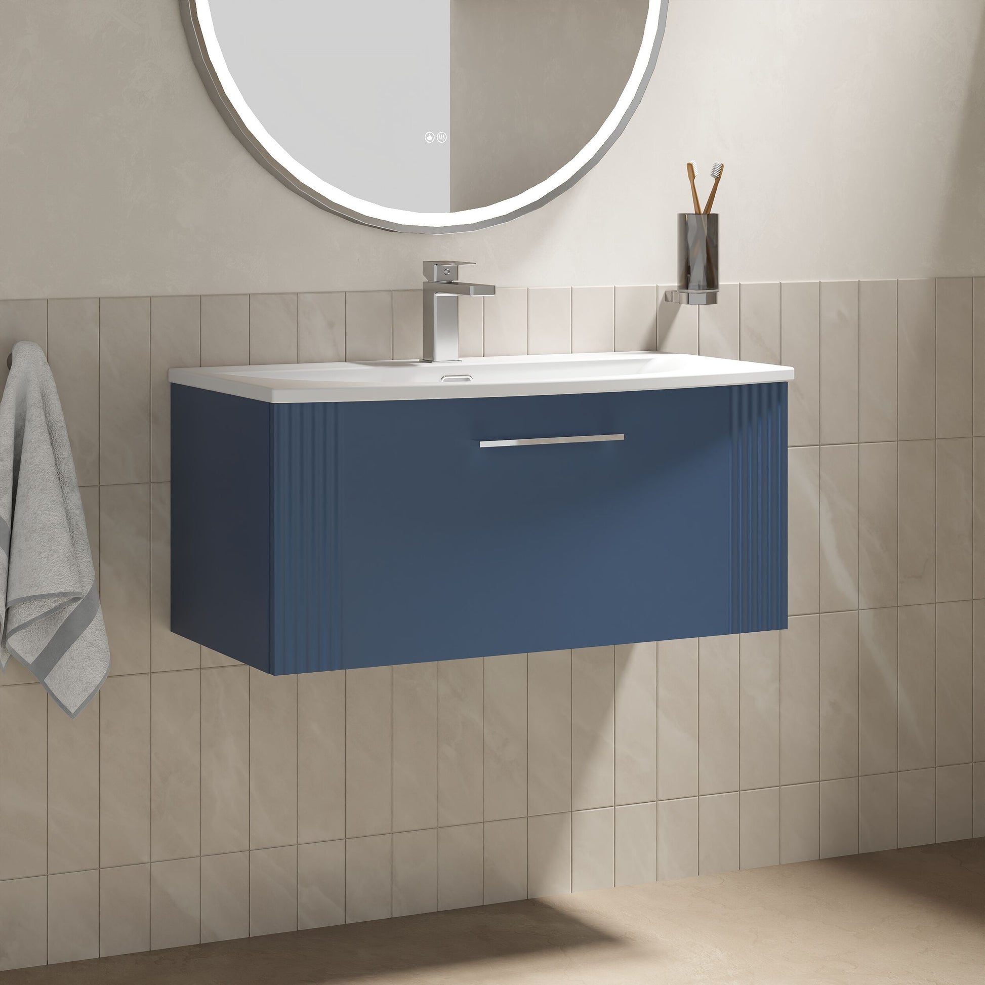 [BFPF396G] Partial Fluted 1 Drawer Wall Hung Vanity Unit with 1 Tap Hole Curved Basin- 800mm - Satin Blue - Lifestyle 3