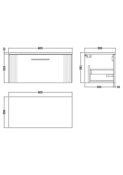 [BFPF396LCM] Belvide Retro Partial Fluted 1 Drawer Wall Hung Vanity Unit with Carrera Marble Laminate Worktop, Choice of Size and Colour - Line Drawing