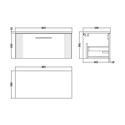 [BFPF396LSW] Partial Fluted 1 Drawer Wall Hung Vanity Unit with Sparkling White Laminate Worktop - 800mm - Satin Blue - Technical Drawing