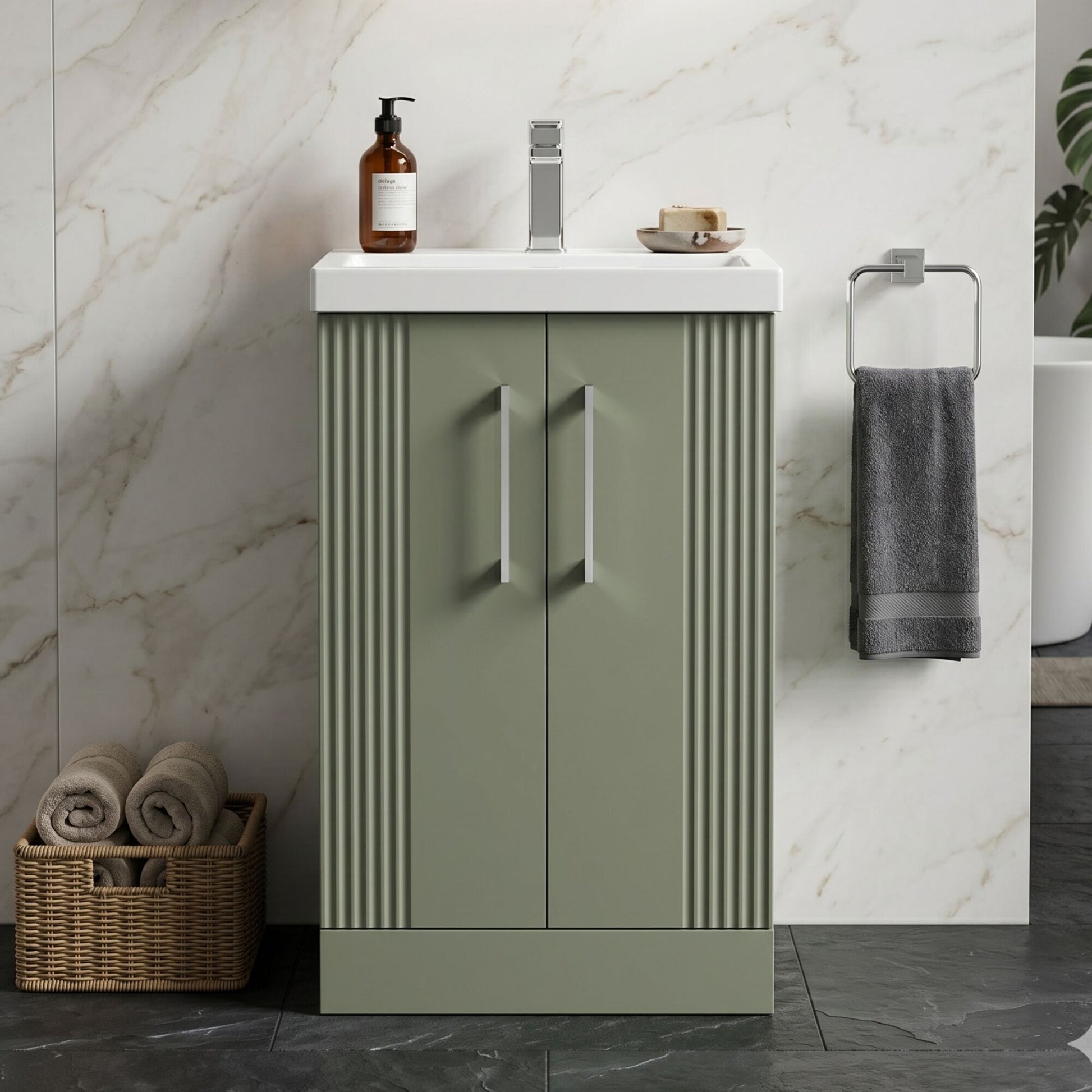 [BFPF823A] Belvide Partial Fluted 2 Door Floor Standing Vanity Unit with Mid-Edge 1 Tap Hole Ceramic Basin - Silo