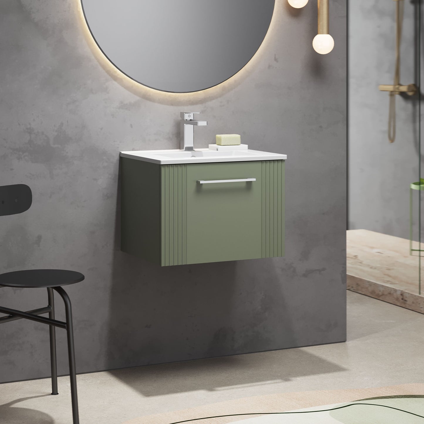 [BFPF891B] Partial Fluted 1 Drawer Wall Hung Vanity Unit with 1 Tap Hole Minimalist Basin - 500mm - Satin Green - Lifestyle 3