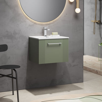 [BFPF891B] Partial Fluted 1 Drawer Wall Hung Vanity Unit with 1 Tap Hole Minimalist Basin - 500mm - Satin Green - Lifestyle 3