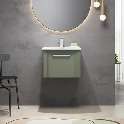 [BFPF891G] Partial Fluted 1 Drawer Wall Hung Vanity Unit with 1 Tap Hole Curved Basin- 500mm - Satin Green - Lifestyle 1