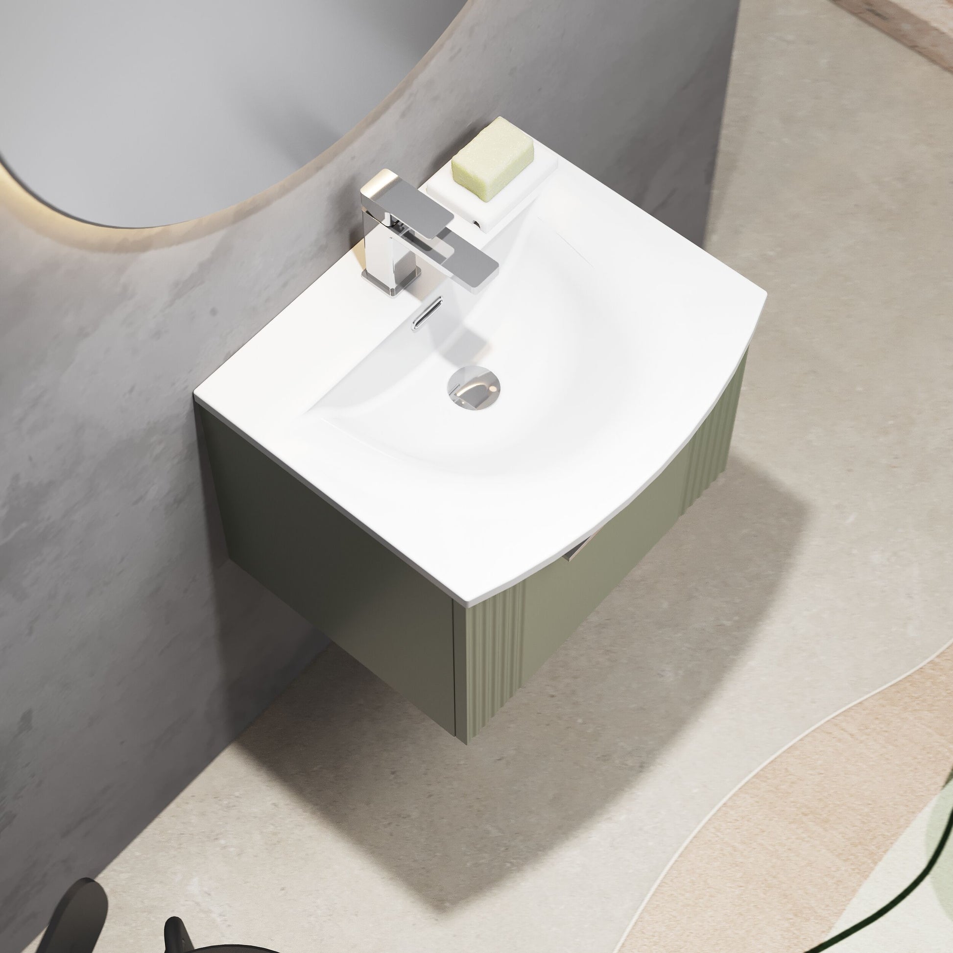 [BFPF891G] Partial Fluted 1 Drawer Wall Hung Vanity Unit with 1 Tap Hole Curved Basin- 500mm - Satin Green - Lifestyle 2