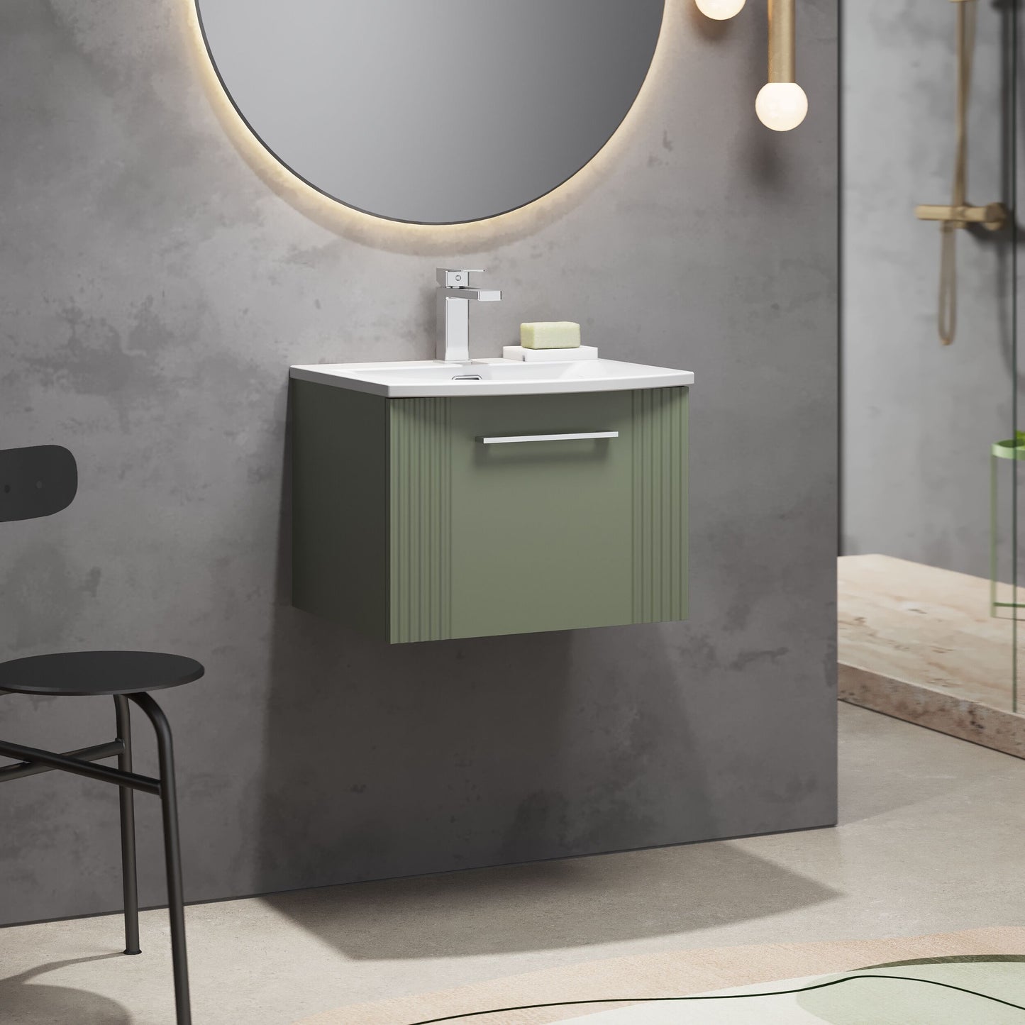 [BFPF891G] Partial Fluted 1 Drawer Wall Hung Vanity Unit with 1 Tap Hole Curved Basin- 500mm - Satin Green - Lifestyle 3