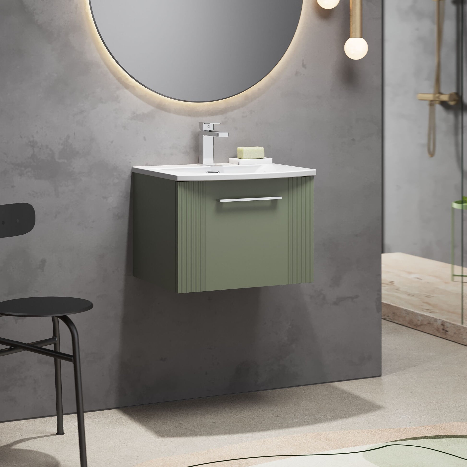 [BFPF891G] Partial Fluted 1 Drawer Wall Hung Vanity Unit with 1 Tap Hole Curved Basin- 500mm - Satin Green - Lifestyle 3
