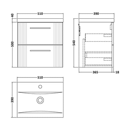 [BFPF892A] Belvide Partial Fluted 2 Drawer Wall Hung Vanity Unit with Mid-Edge 1 Tap Hole Ceramic Basin - Technical Drawing