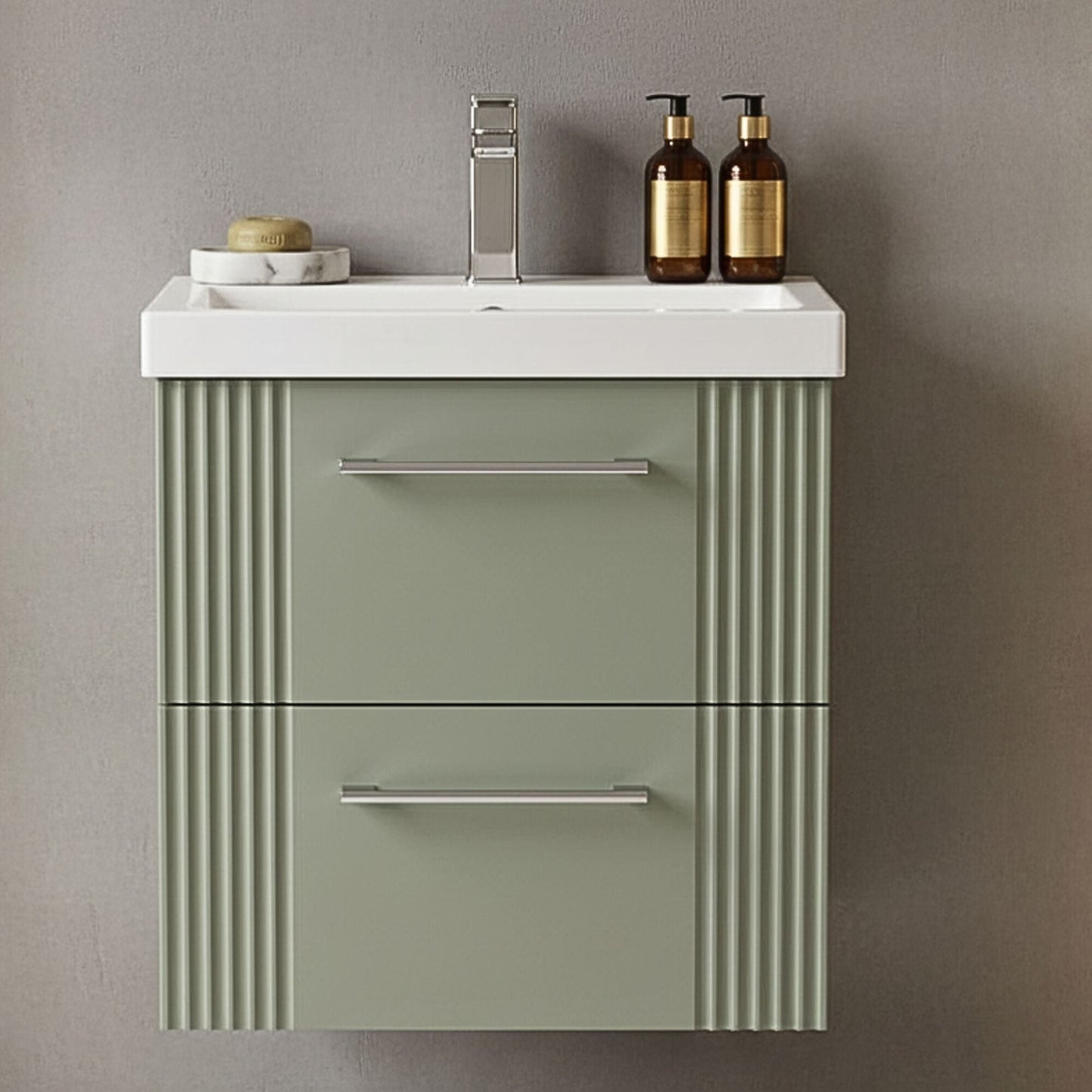 [BFPF892A] Belvide Partial Fluted 2 Drawer Wall Hung Vanity Unit with Mid-Edge 1 Tap Hole Ceramic Basin - Silo