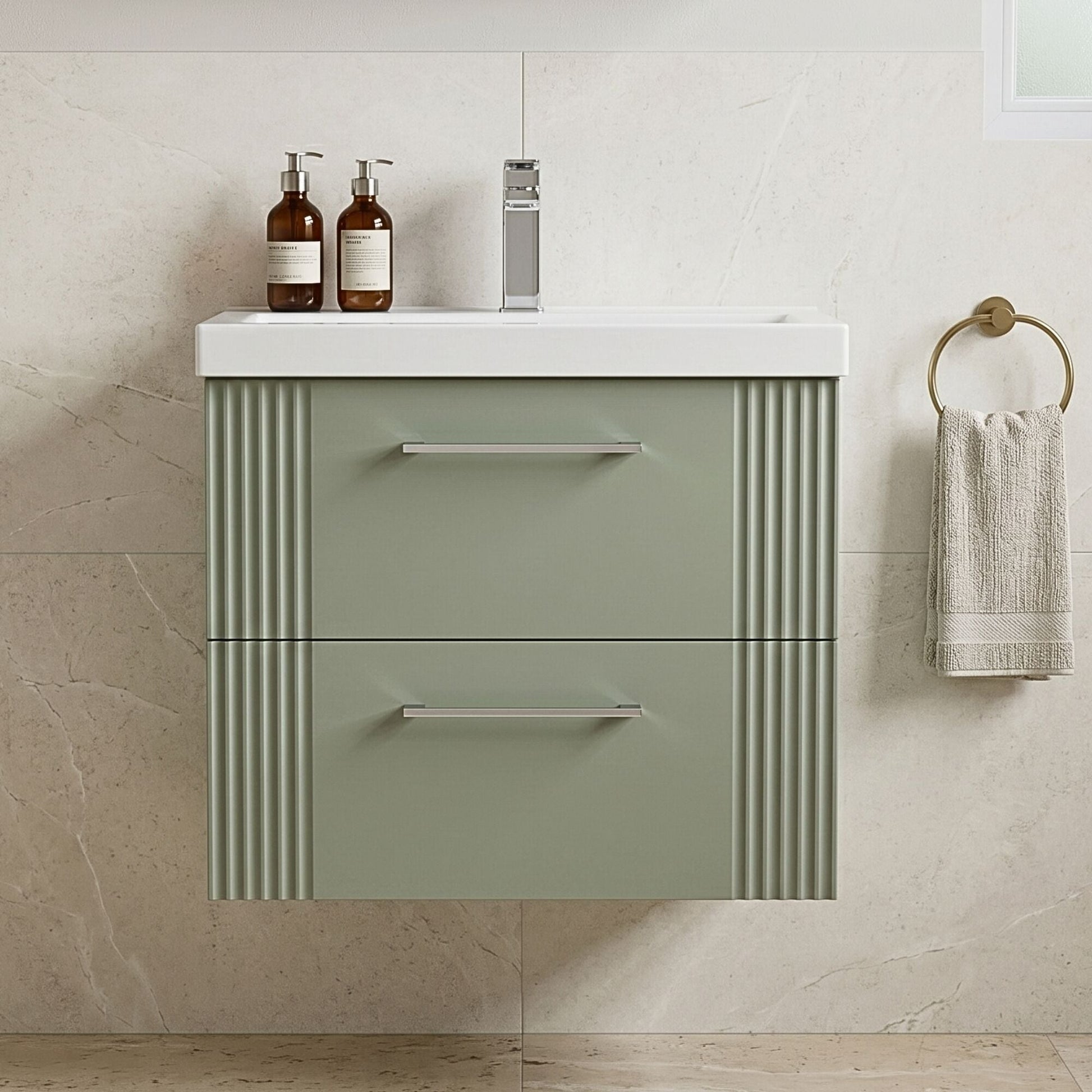 [BFPF893A] Belvide Partial Fluted 2 Drawer Wall Hung Vanity Unit with Mid-Edge 1 Tap Hole Ceramic Basin - Silo