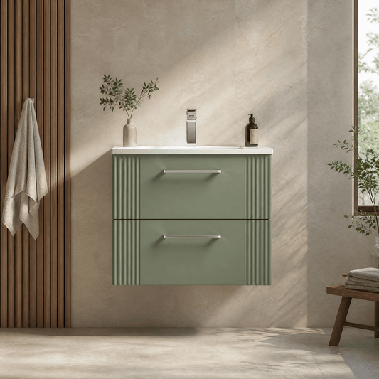 [BFPF893G] Belvide Retro Partial Fluted 2 Drawer Wall Hung Vanity Basin Unit with Curved Basin, Choice of Size and Colour - Silo
