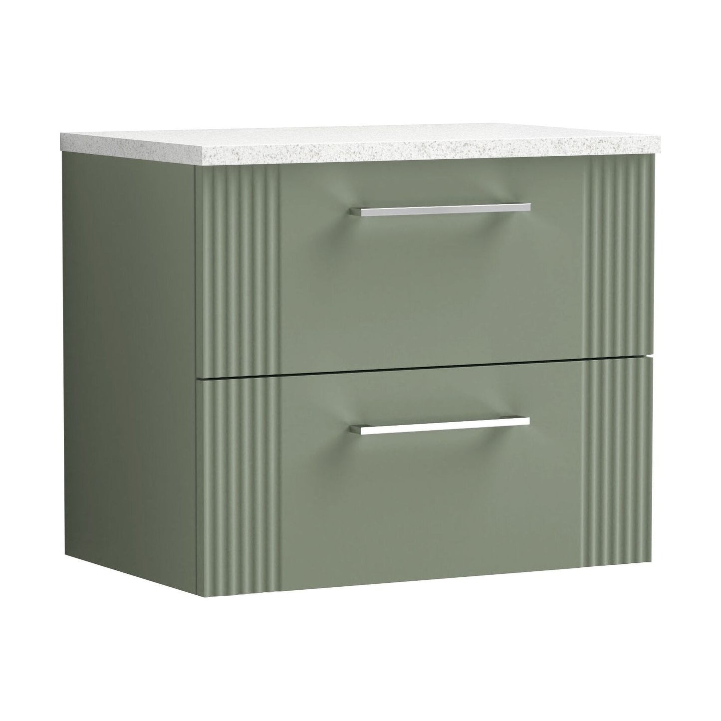 [BFPF893LSW] Partial Fluted 2 Drawer Wall Hung Vanity Unit with Sparkling White Laminate Worktop - 600mm - Satin Green - Cutout