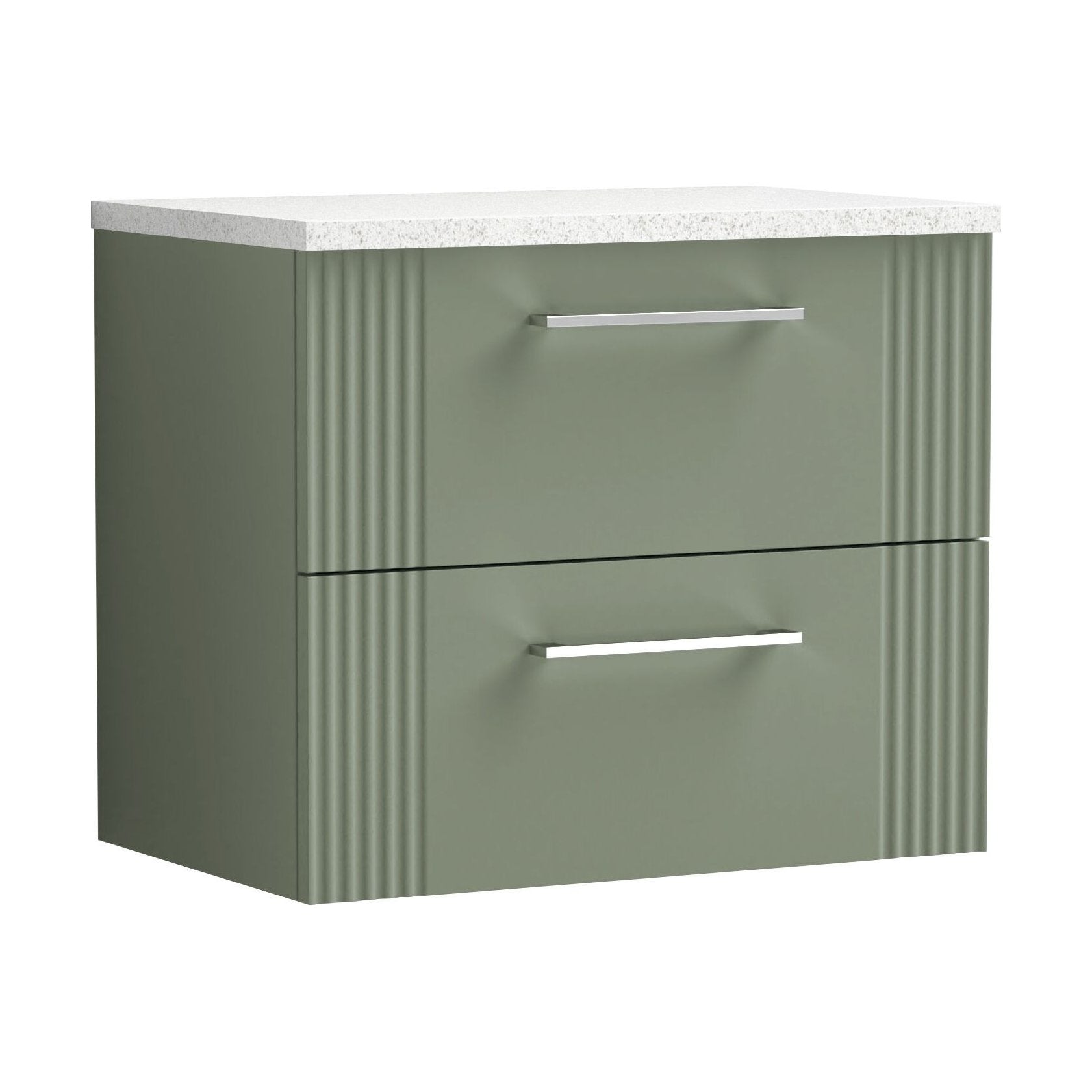 [BFPF893LSW] Partial Fluted 2 Drawer Wall Hung Vanity Unit with Sparkling White Laminate Worktop - 600mm - Satin Green - Cutout