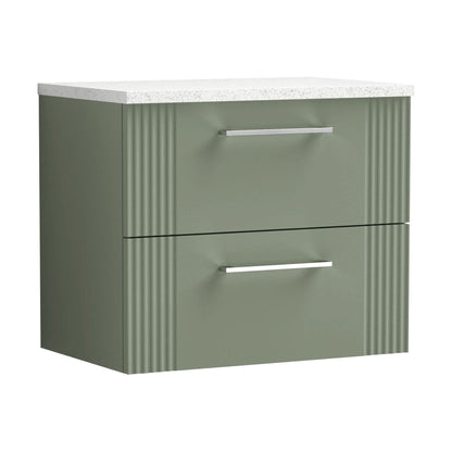 [BFPF893LSW] Partial Fluted 2 Drawer Wall Hung Vanity Unit with Sparkling White Laminate Worktop - 600mm - Satin Green - Cutout