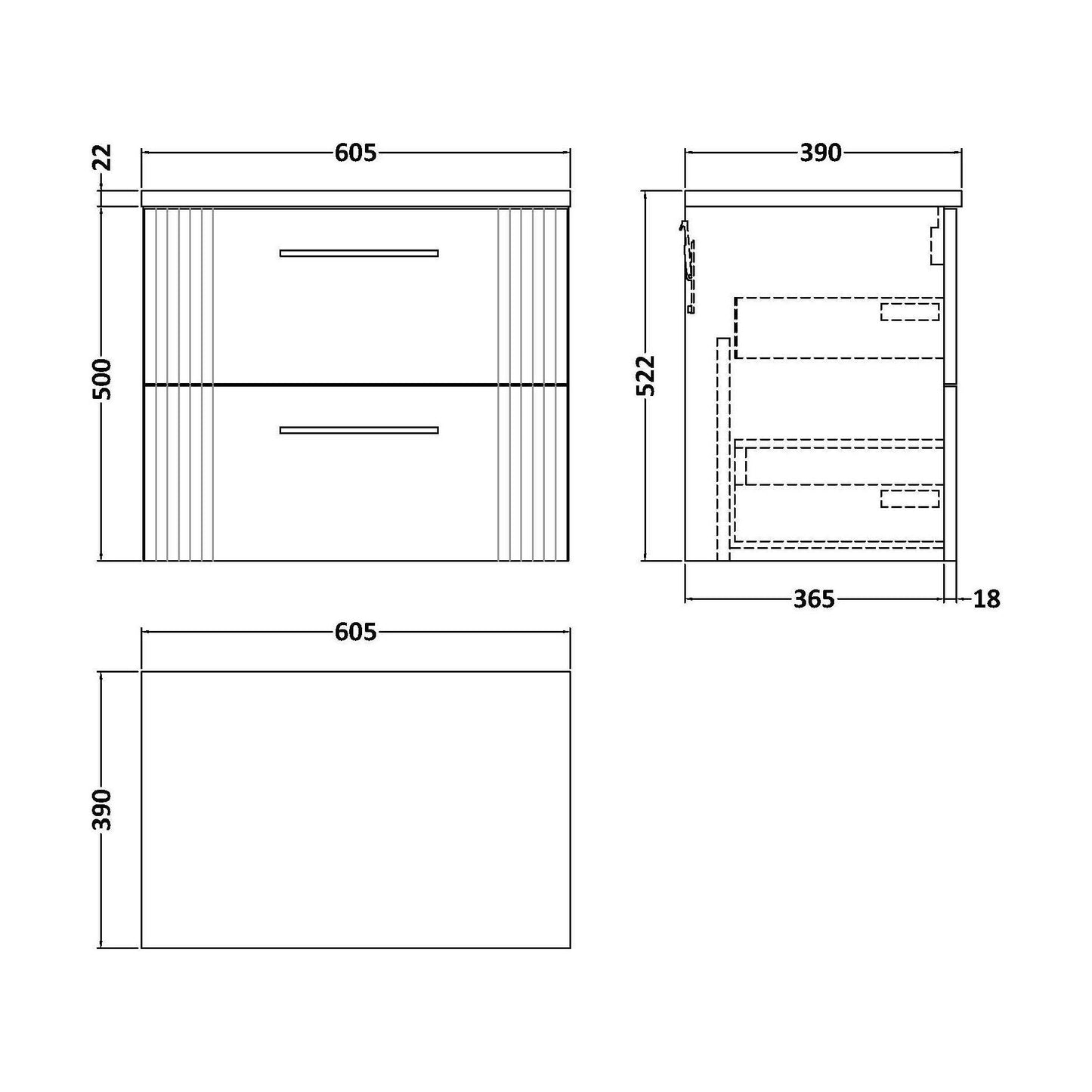 [BFPF893LSW] Partial Fluted 2 Drawer Wall Hung Vanity Unit with Sparkling White Laminate Worktop - 600mm - Satin Green - Technical Drawing