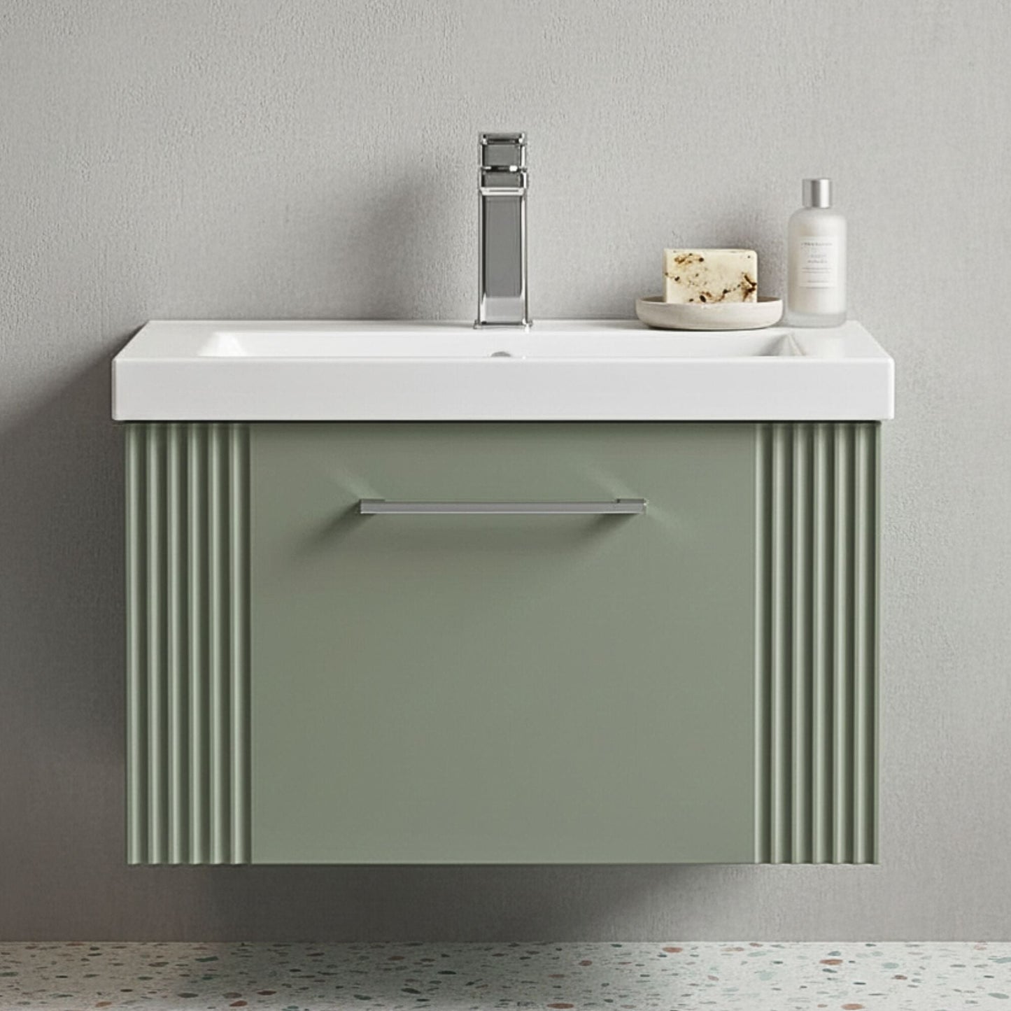 [BFPF894A] Belvide Partial Fluted 1 Drawer Wall Hung Vanity Unit with Mid-Edge 1 Tap Hole Ceramic Basin - Silo