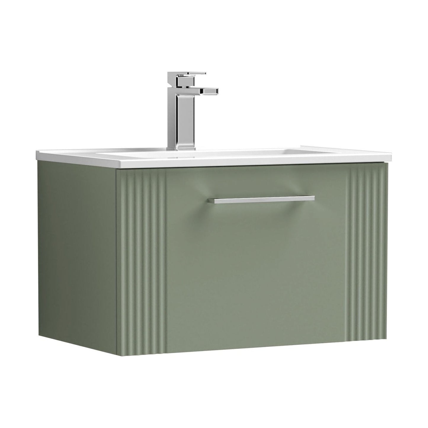 [BFPF894B] Partial Fluted 1 Drawer Wall Hung Vanity Unit with 1 Tap Hole Minimalist Basin - 600mm - Satin Green - Cutout