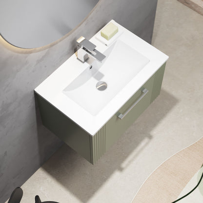 [BFPF894B] Partial Fluted 1 Drawer Wall Hung Vanity Unit with 1 Tap Hole Minimalist Basin - 600mm - Satin Green - Lifestyle 2