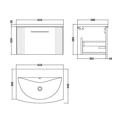 [BFPF894G] Partial Fluted 1 Drawer Wall Hung Vanity Unit with 1 Tap Hole Curved Basin- 600mm - Satin Green - Baltereley - Technical Drawing