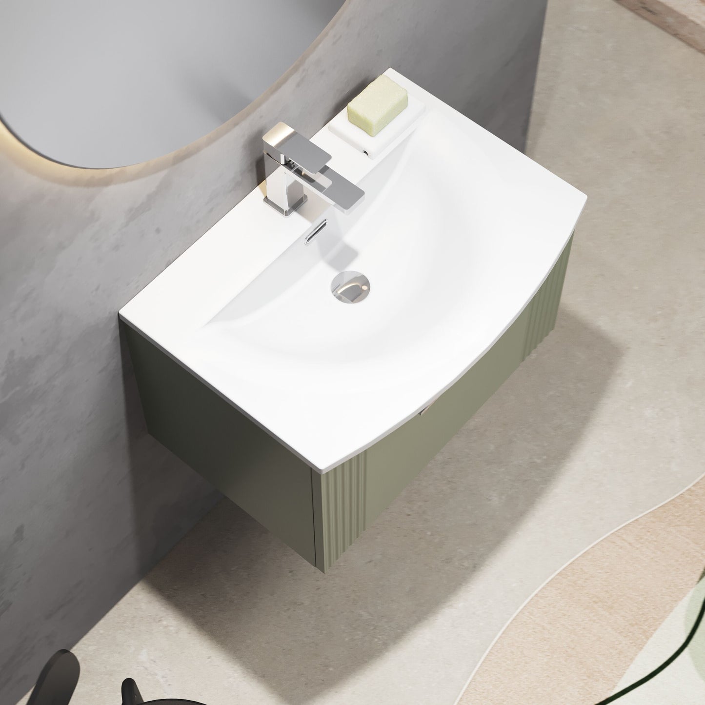 [BFPF894G] Partial Fluted 1 Drawer Wall Hung Vanity Unit with 1 Tap Hole Curved Basin- 600mm - Satin Green - Baltereley - Lifestyle 2