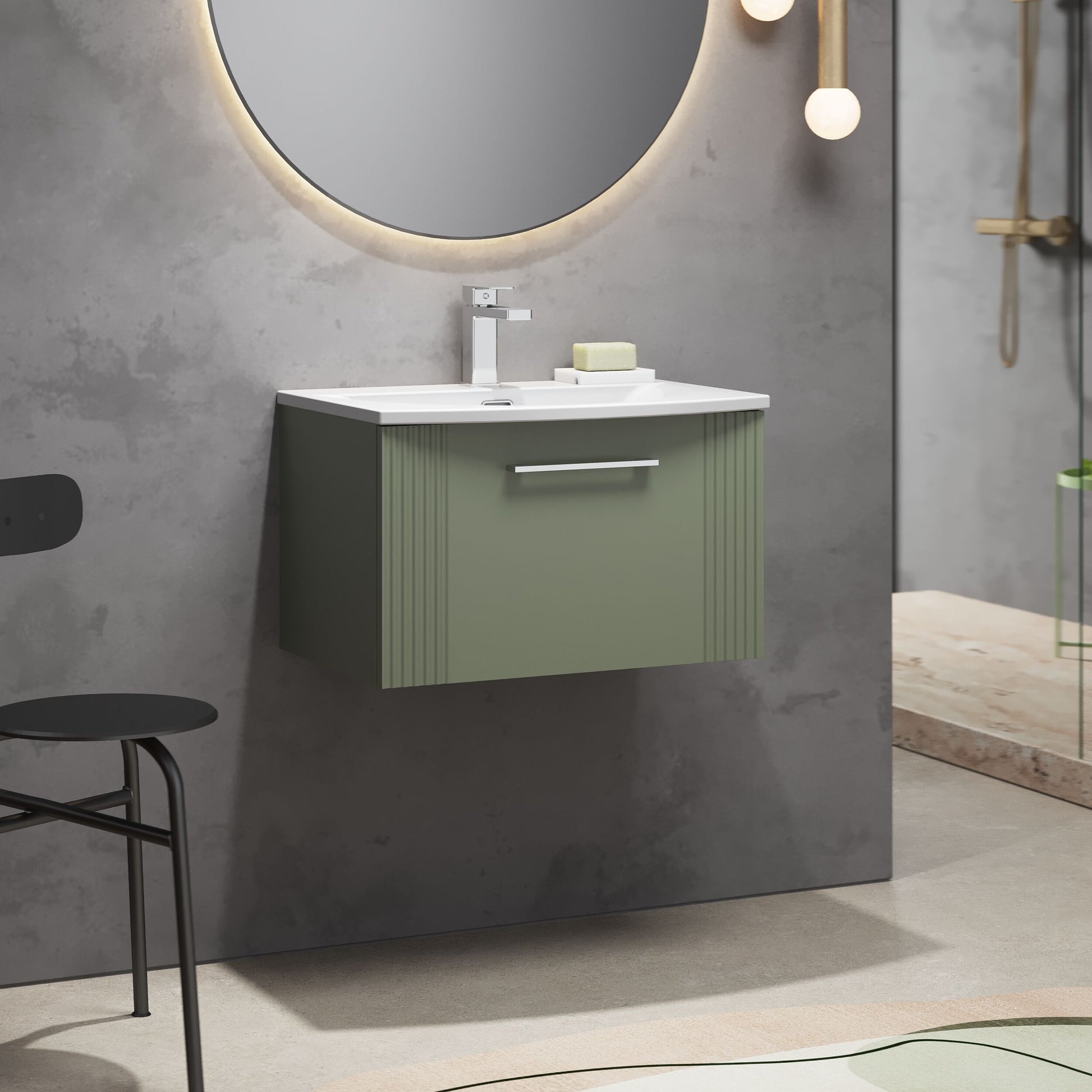 [BFPF894G] Partial Fluted 1 Drawer Wall Hung Vanity Unit with 1 Tap Hole Curved Basin- 600mm - Satin Green - Baltereley - Lifestyle 3