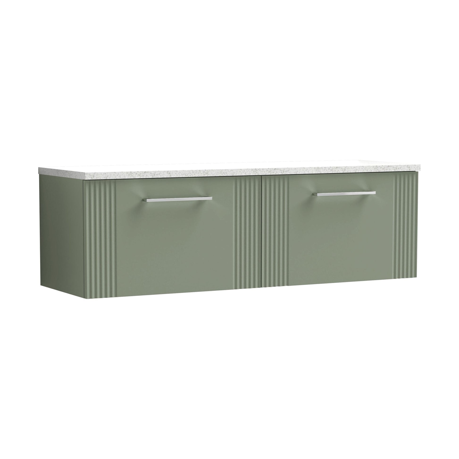 [BFPF894LSW2] Partial Fluted 2 Drawer Wall Hung Vanity Unit with Sparkling White Laminate Worktop - 1200mm - Satin Green - Cutout