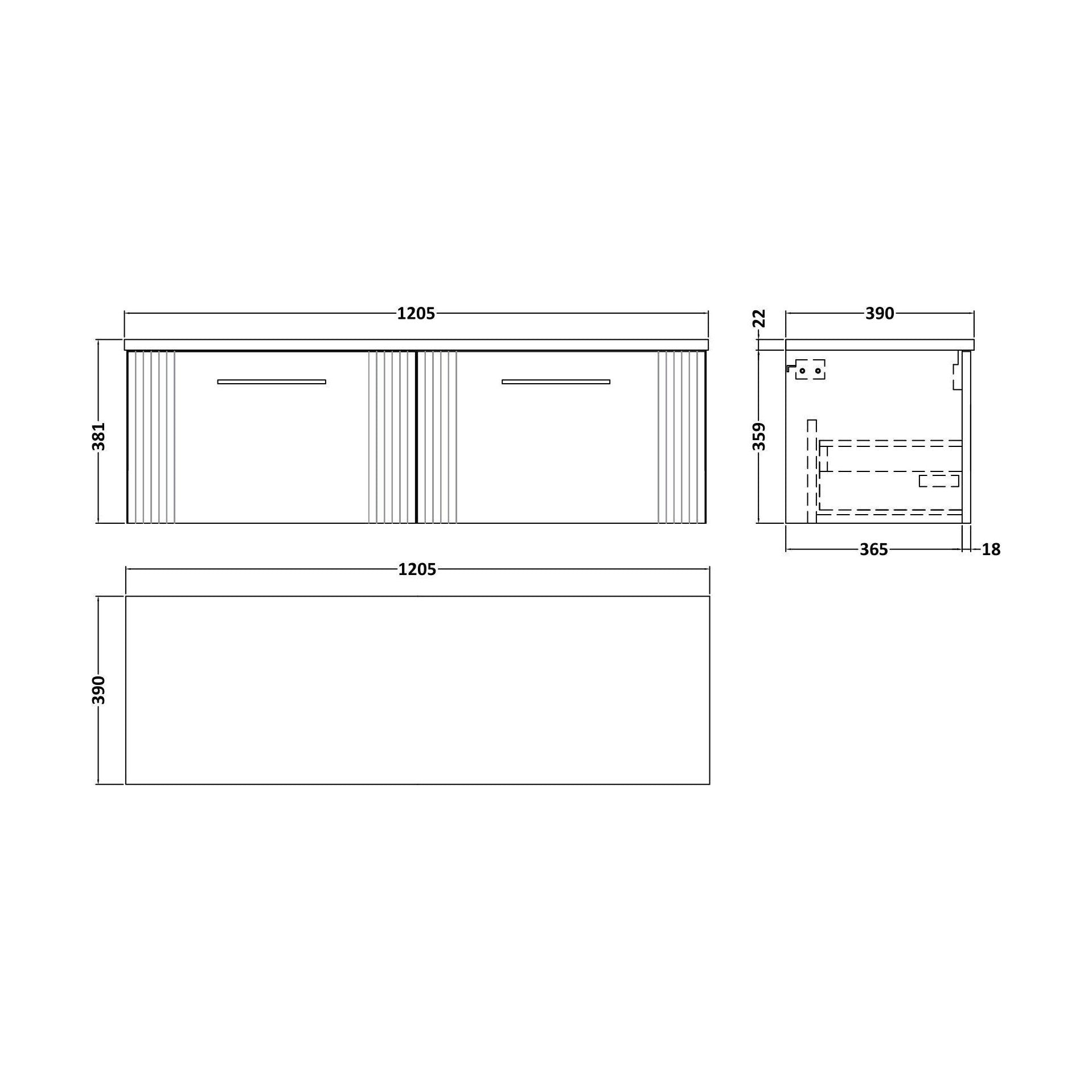 [BFPF894LSW2] Partial Fluted 2 Drawer Wall Hung Vanity Unit with Sparkling White Laminate Worktop - 1200mm - Satin Green - Technical Drawing