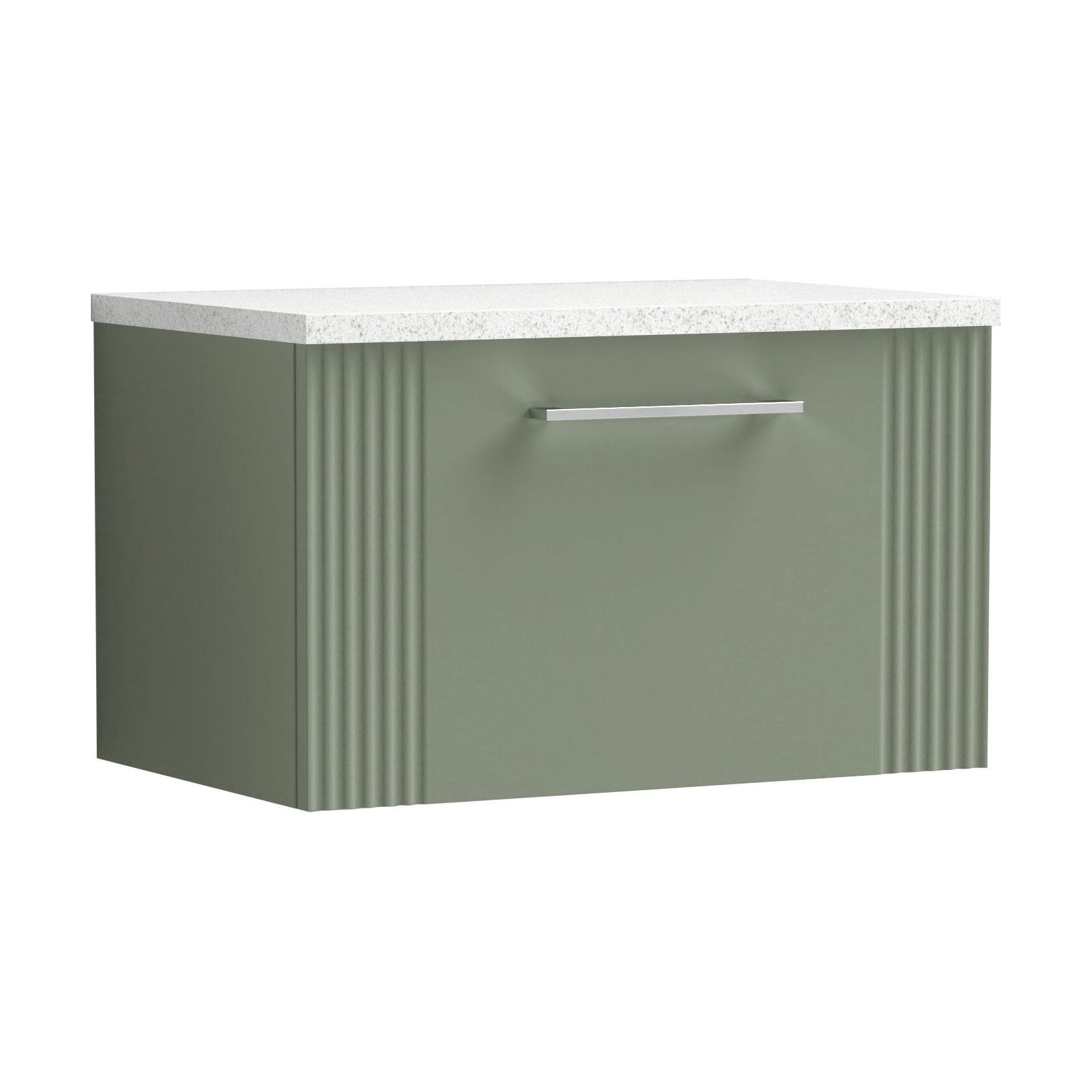 [BFPF894LSW] Partial Fluted 1 Drawer Wall Hung Vanity Unit with Sparkling White Laminate Worktop - 600mm - Satin Green - Cutout