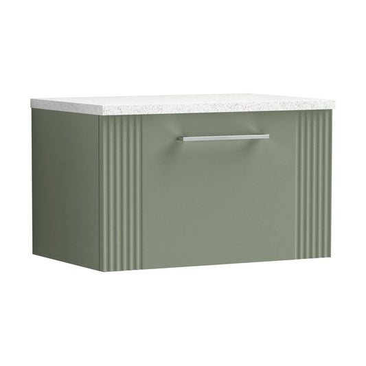 [BFPF894LSW] Partial Fluted 1 Drawer Wall Hung Vanity Unit with Sparkling White Laminate Worktop - 600mm - Satin Green - Cutout
