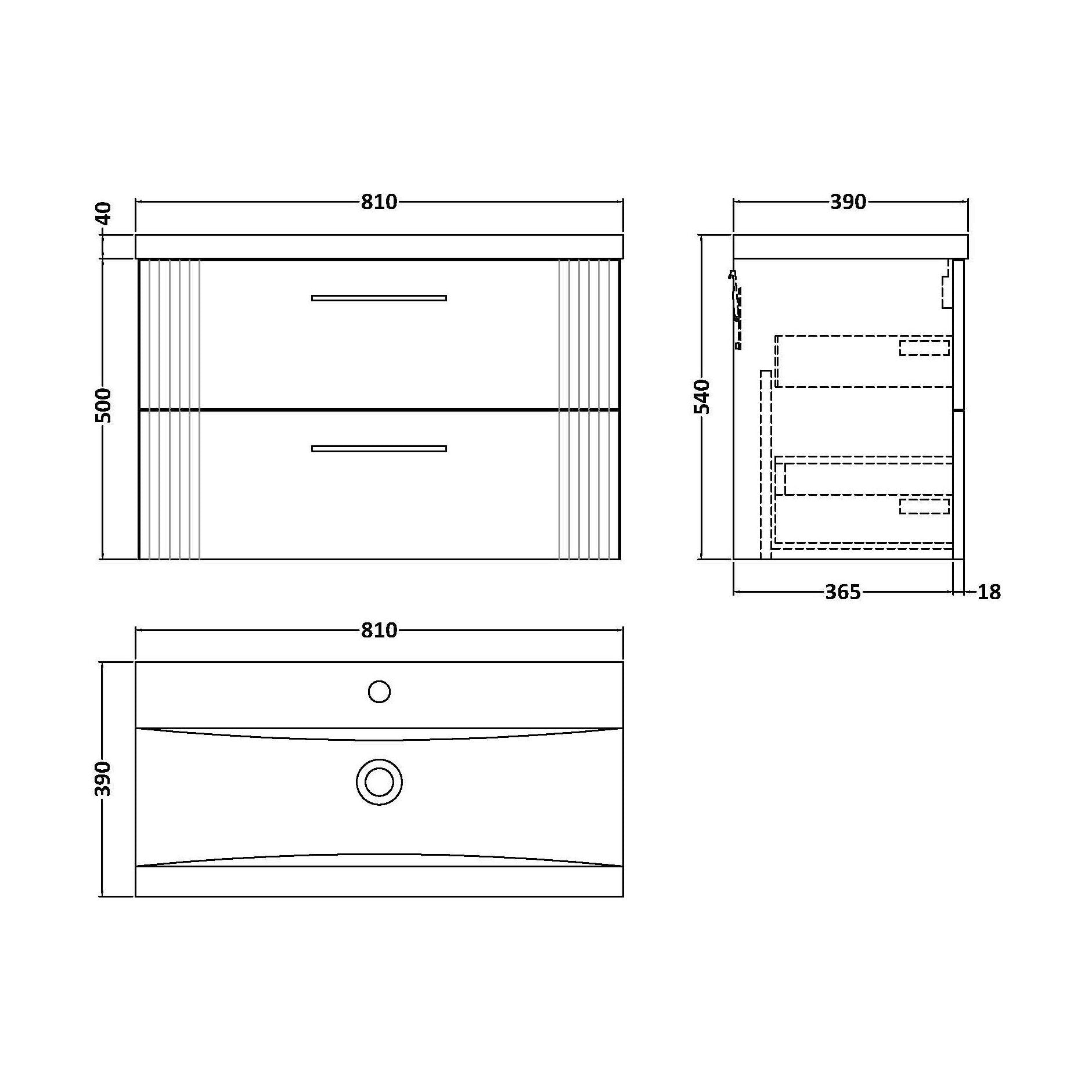 [BFPF895A] Belvide Partial Fluted 2 Drawer Wall Hung Vanity Unit with Mid-Edge 1 Tap Hole Ceramic Basin - Technical Drawing