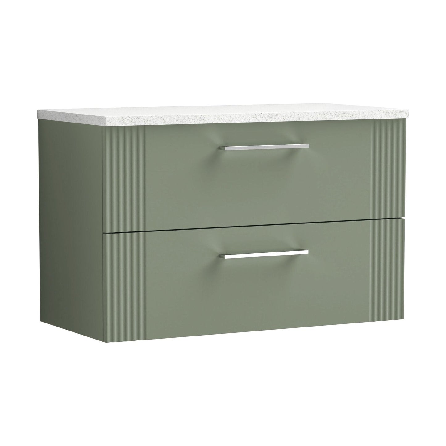 [BFPF895LSW] Partial Fluted 2 Drawer Wall Hung Vanity Unit with Sparkling White Laminate Worktop - 800mm - Satin Green - Cutout