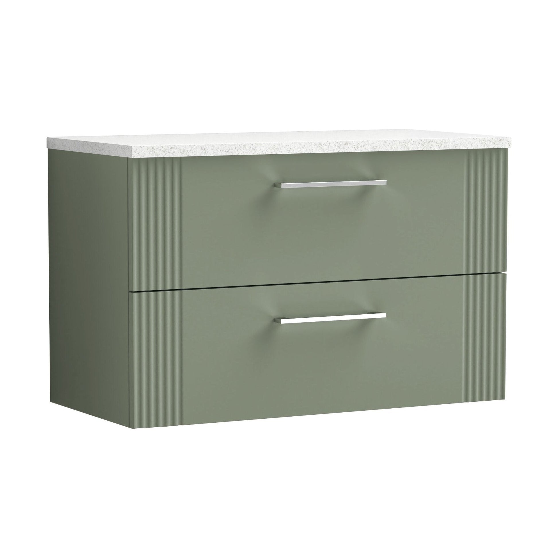 [BFPF895LSW] Partial Fluted 2 Drawer Wall Hung Vanity Unit with Sparkling White Laminate Worktop - 800mm - Satin Green - Cutout