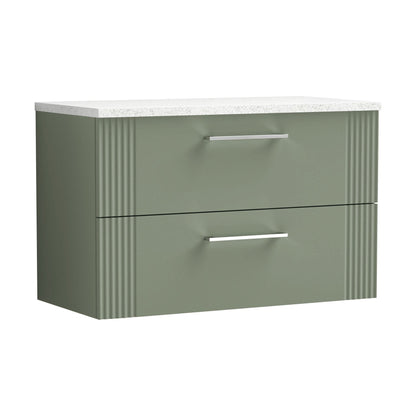 [BFPF895LSW] Partial Fluted 2 Drawer Wall Hung Vanity Unit with Sparkling White Laminate Worktop - 800mm - Satin Green - Cutout