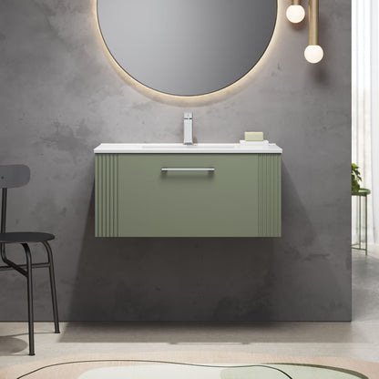 [BFPF896B] Partial Fluted 1 Drawer Wall Hung Vanity Unit with 1 Tap Hole Minimalist Basin - 800mm - Satin Green - Lifestyle 1