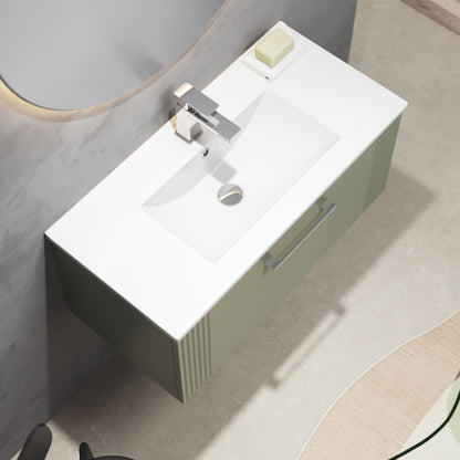 [BFPF896B] Partial Fluted 1 Drawer Wall Hung Vanity Unit with 1 Tap Hole Minimalist Basin - 800mm - Satin Green - Lifestyle 2