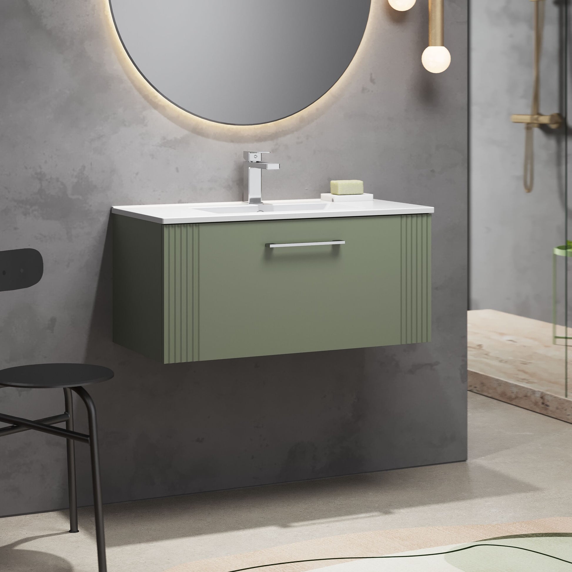 [BFPF896B] Partial Fluted 1 Drawer Wall Hung Vanity Unit with 1 Tap Hole Minimalist Basin - 800mm - Satin Green - Lifestyle 3