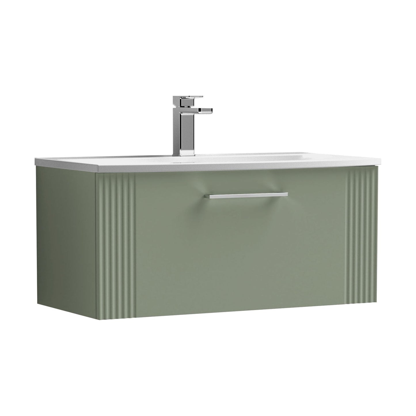 [BFPF896G] Partial Fluted 1 Drawer Wall Hung Vanity Unit with 1 Tap Hole Curved Basin- 800mm - Satin Green - Cutout