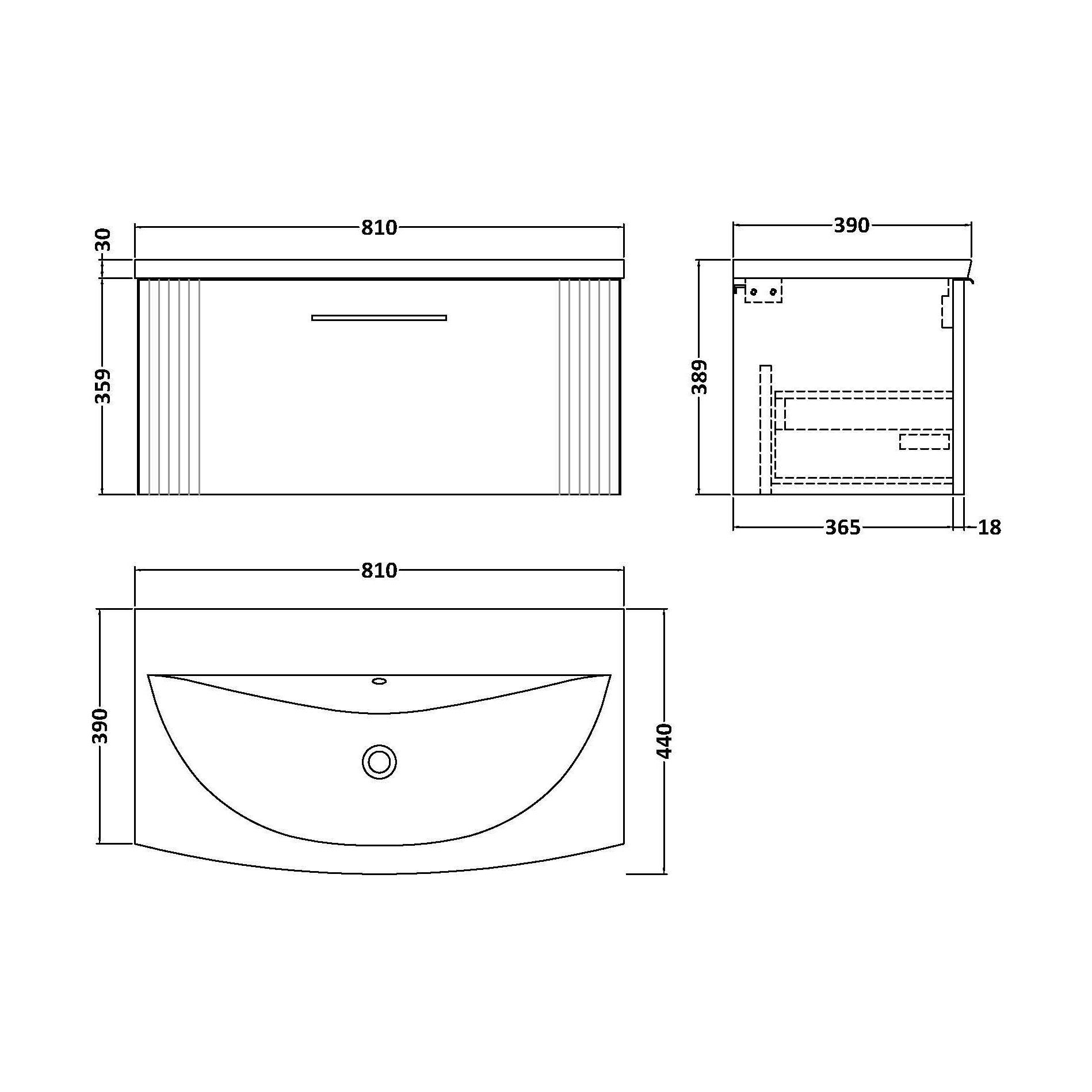 [BFPF896G] Partial Fluted 1 Drawer Wall Hung Vanity Unit with 1 Tap Hole Curved Basin- 800mm - Satin Green - Technical Drawing