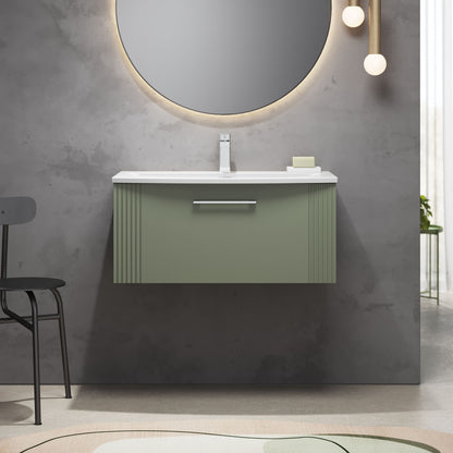 [BFPF896G] Partial Fluted 1 Drawer Wall Hung Vanity Unit with 1 Tap Hole Curved Basin- 800mm - Satin Green - Lifestyle 1