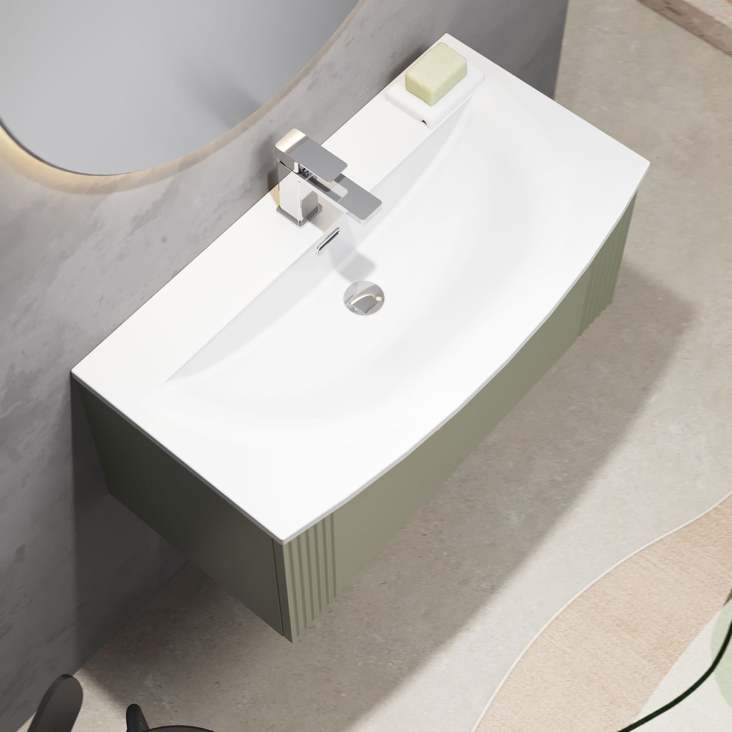 [BFPF896G] Partial Fluted 1 Drawer Wall Hung Vanity Unit with 1 Tap Hole Curved Basin- 800mm - Satin Green - Lifestyle 2