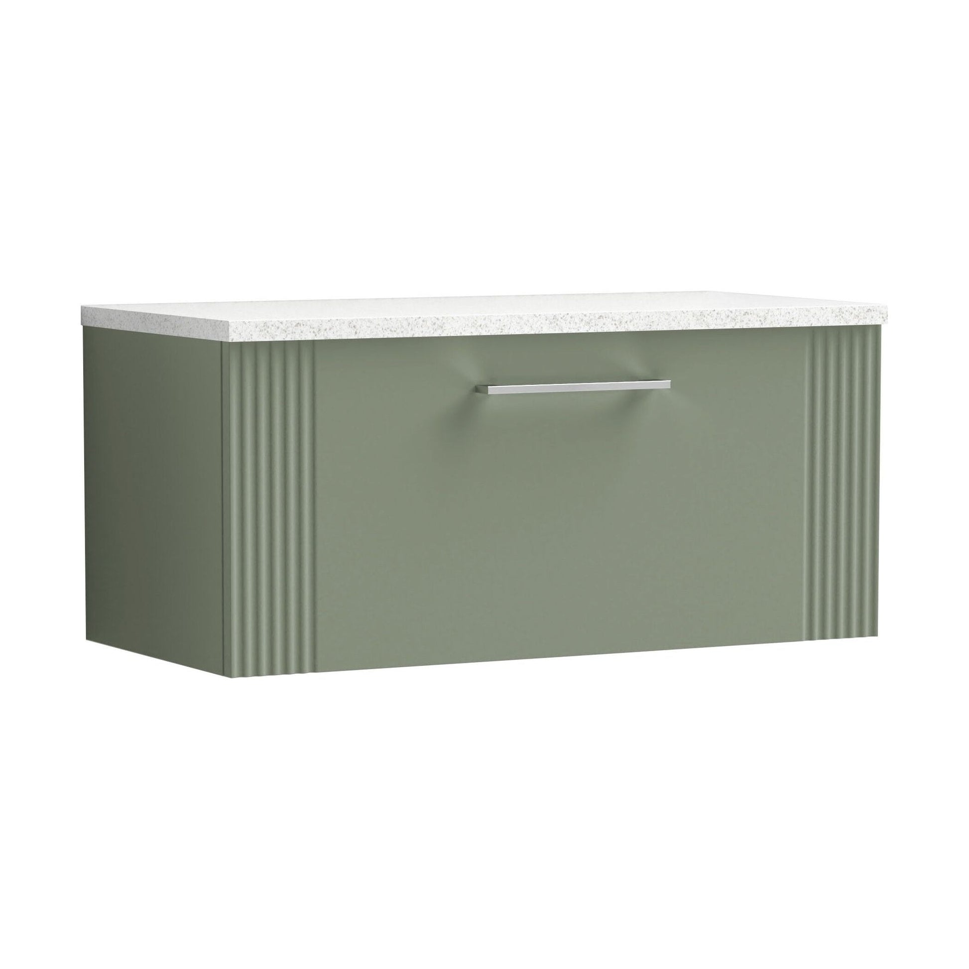 [BFPF896LSW] Partial Fluted 1 Drawer Wall Hung Vanity Unit with Sparkling White Laminate Worktop - 800mm - Satin Green - Cutout