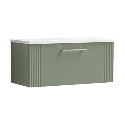 [BFPF896LSW] Partial Fluted 1 Drawer Wall Hung Vanity Unit with Sparkling White Laminate Worktop - 800mm - Satin Green - Cutout