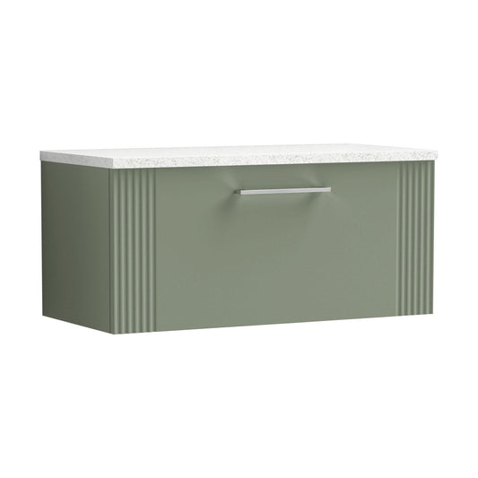 [BFPF896LSW] Partial Fluted 1 Drawer Wall Hung Vanity Unit with Sparkling White Laminate Worktop - 800mm - Satin Green - Cutout