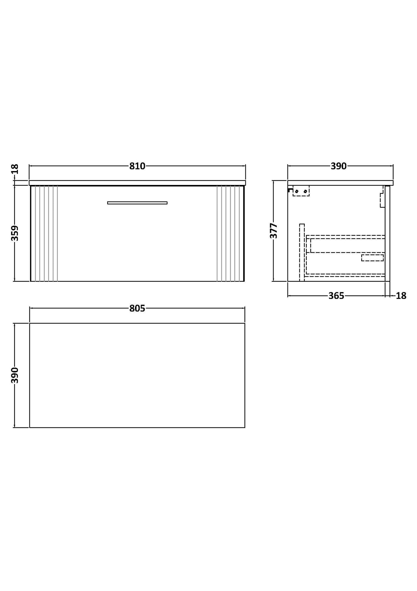 [BFPF896W] Belvide Retro Partial Fluted 1 Drawer Wall Hung Vanity Unit with Colour Coordinating Worktop, Choice of Size and Colour - Line Drawing