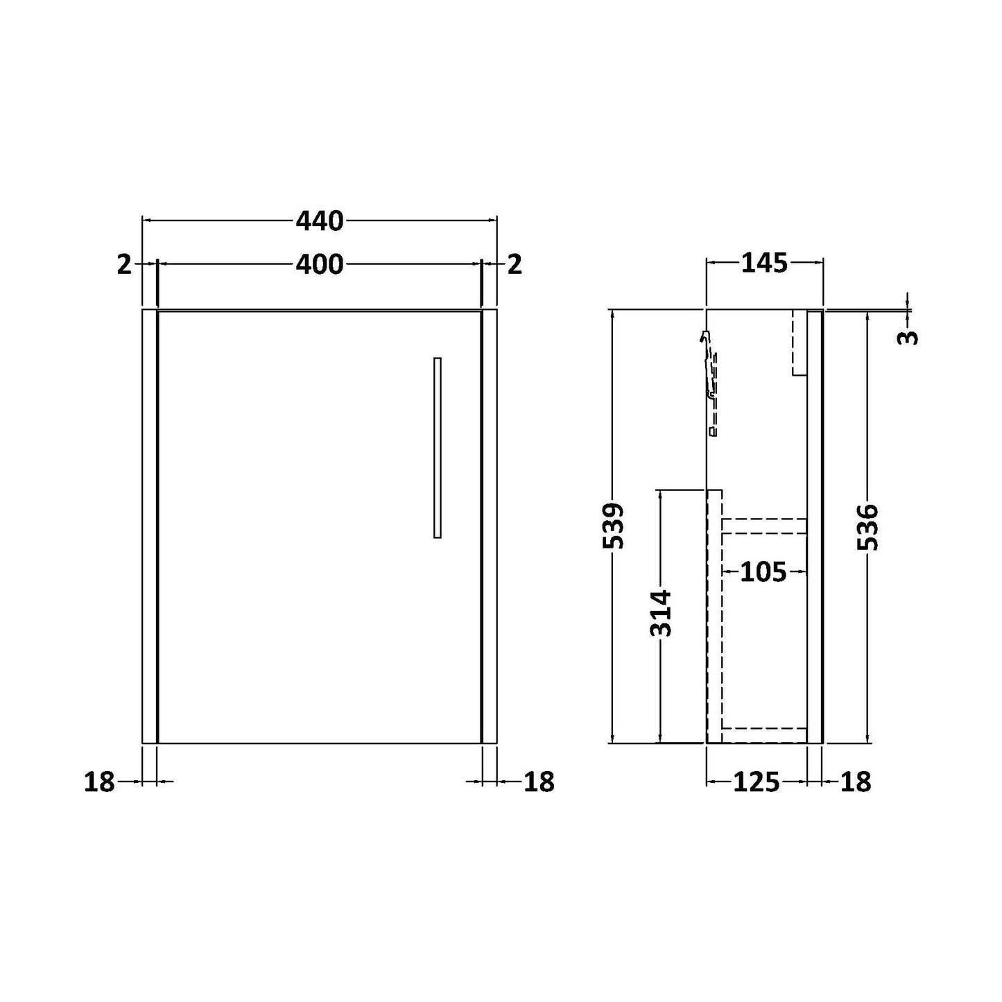 [BFPW2961] 440 Single Door Wall Hung Unit - Technical Drawing
