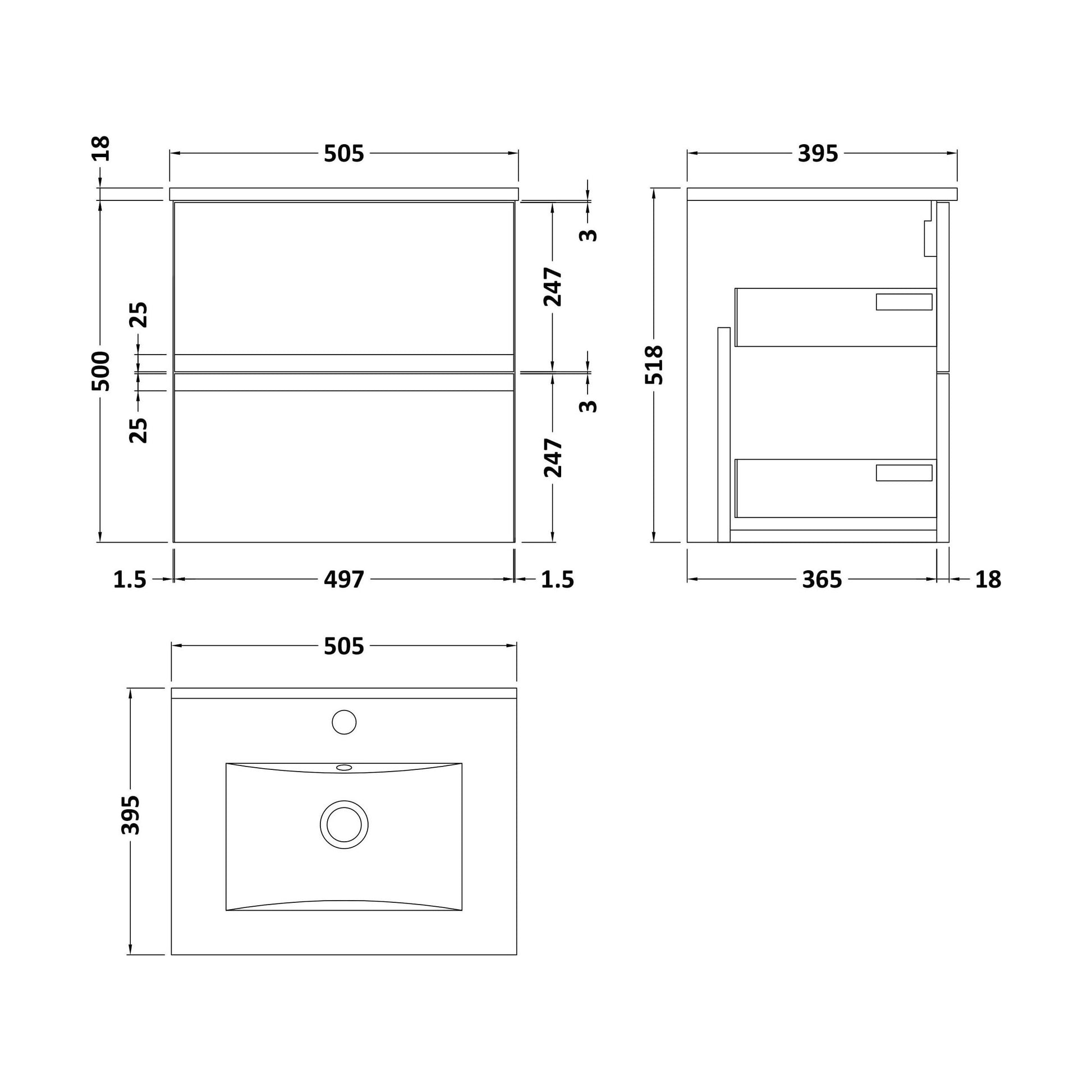 [BFRA102B] Mavesyn Contemporary 2 Drawer Wall Hung Vanity Unit with Minimalist Basin, Satin White, 500mm - Technical Drawing