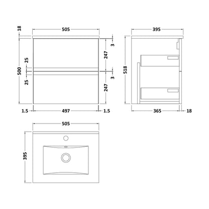 [BFRA102B] Mavesyn Contemporary 2 Drawer Wall Hung Vanity Unit with Minimalist Basin, Satin White, 500mm - Technical Drawing