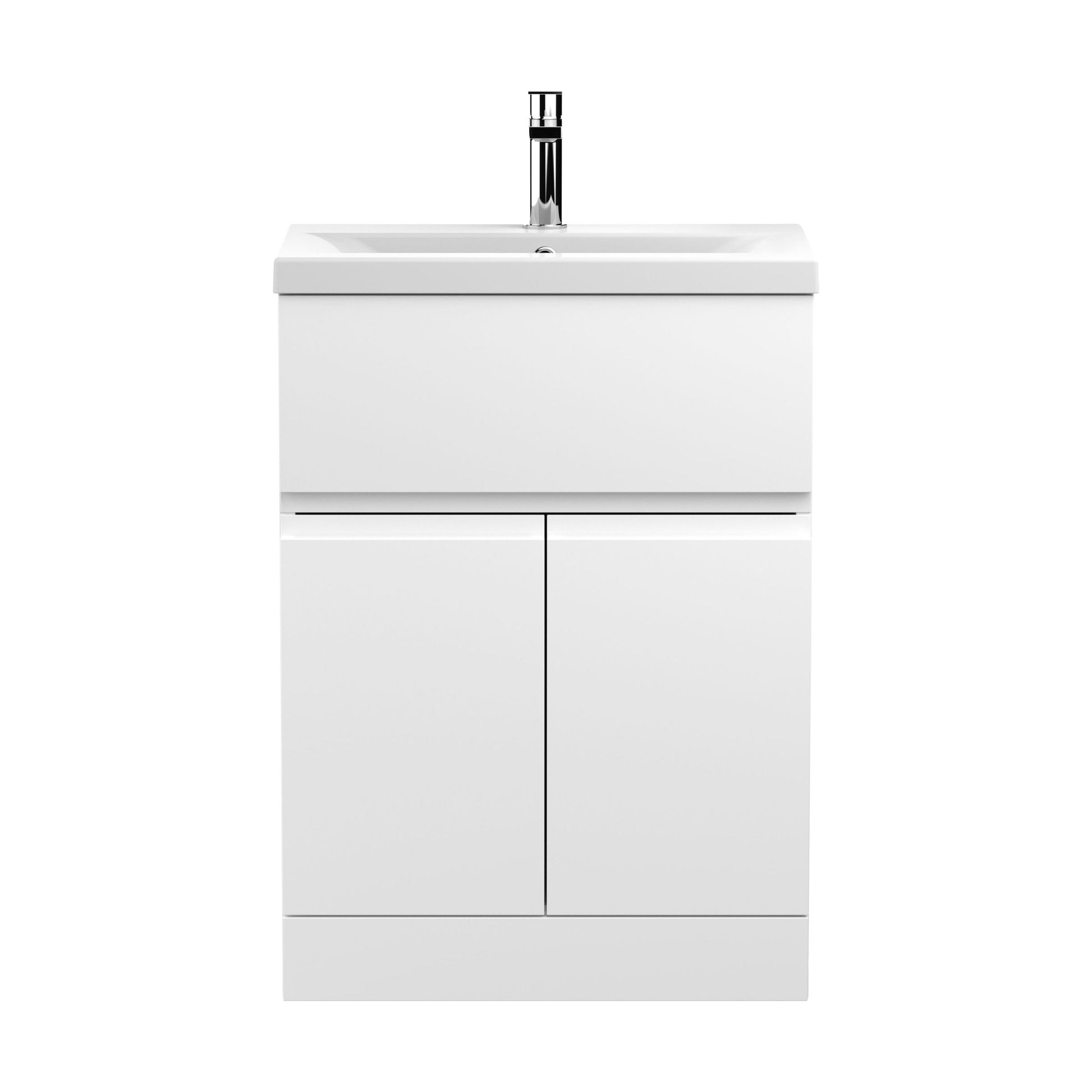 [BFRA103A] Mavesyn Contemporary 2 Door 1 Drawer Floor Standing Vanity Unit with Mid-Edge Basin, Satin White, 600mm - Cutout