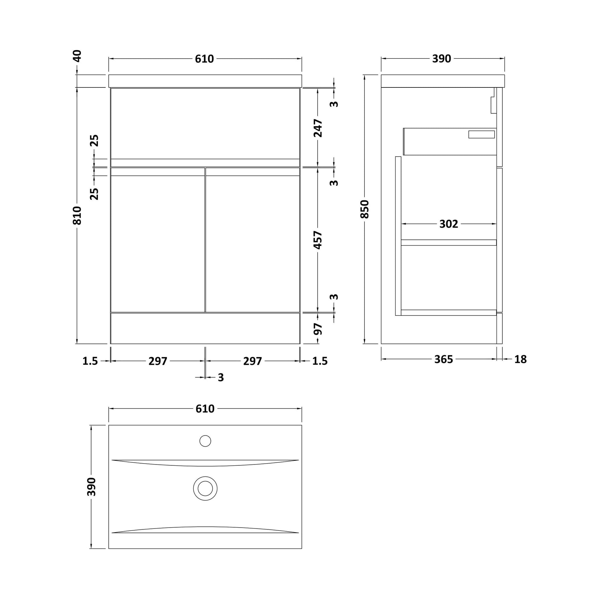 [BFRA103A] Mavesyn Contemporary 2 Door 1 Drawer Floor Standing Vanity Unit with Mid-Edge Basin, Satin White, 600mm - Technical Drawing