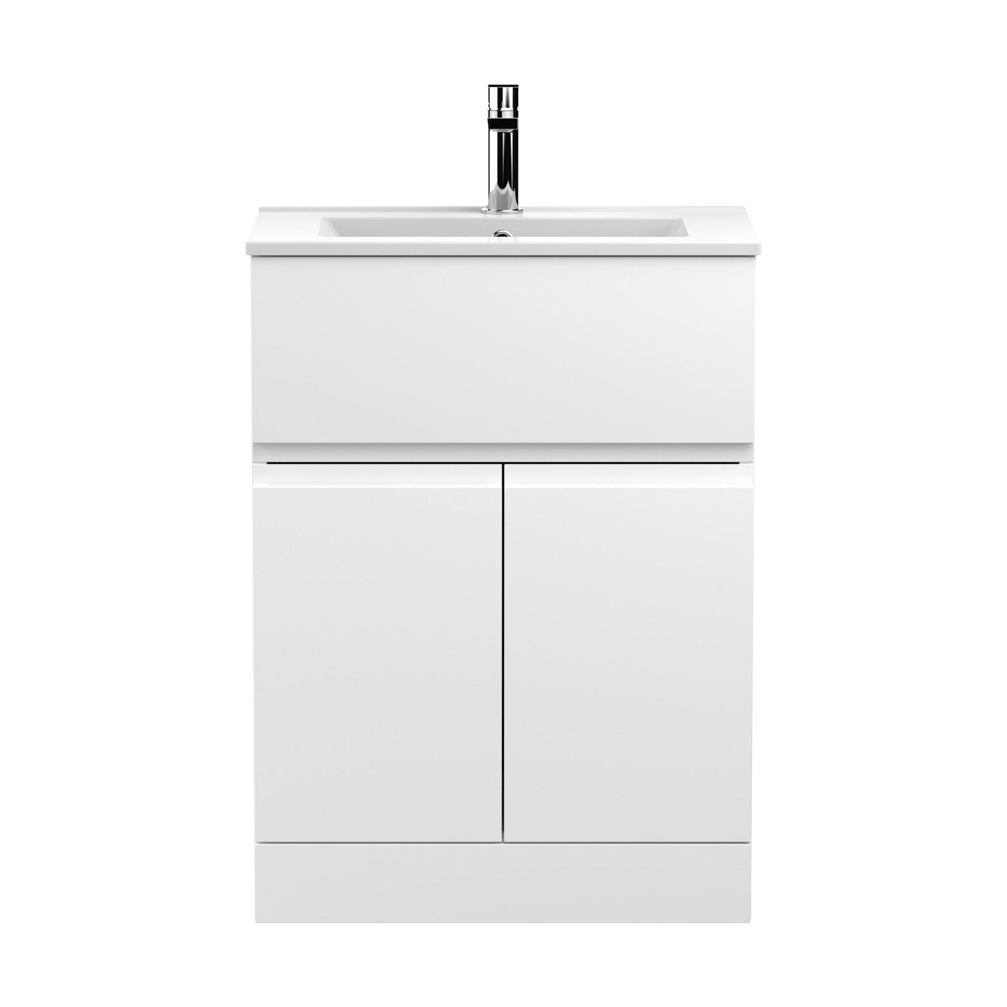 [BFRA103B] Mavesyn Contemporary 2 Door 1 Drawer Floor Standing Vanity Unit with Minimalist Basin, Satin White, 600mm - Cutout